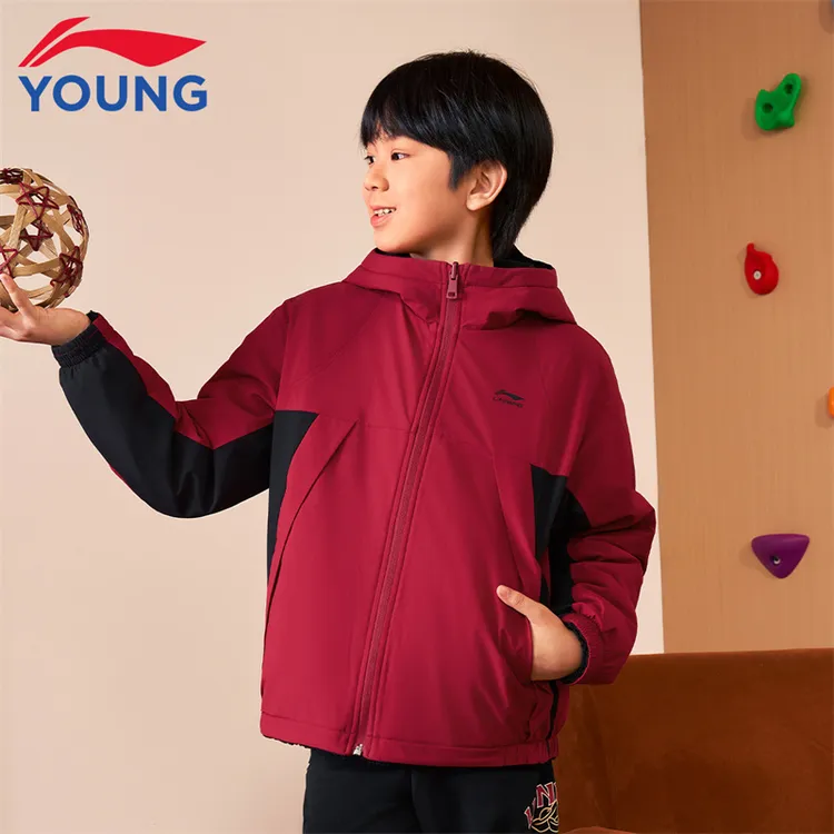 李宁儿童外套男童女童26新年款双面穿防风保暖连帽外套拜年服9073