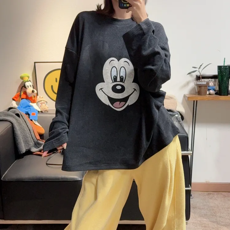 冬季新款双面绒磨毛米奇圆领长袖打底T恤女亲肤柔软宽松显瘦保暖