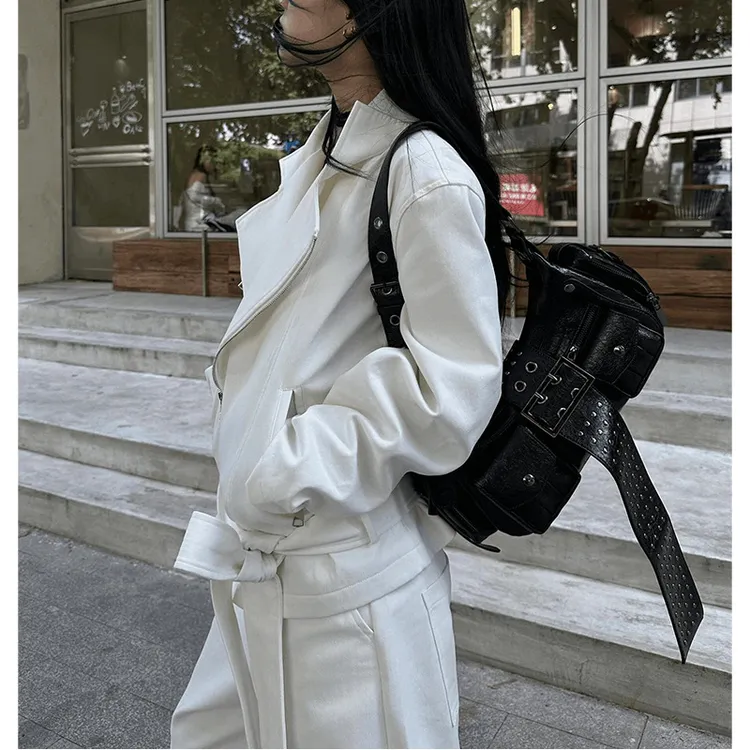 美式复古白色翻领外套女春秋新款小个子短款气质宽松机车夹克上衣