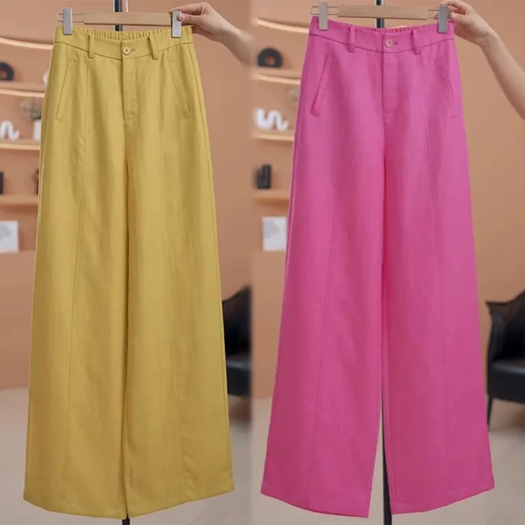 高端玫红色亚麻阔腿裤女2025夏季薄款高腰宽松显瘦垂感休闲直筒裤