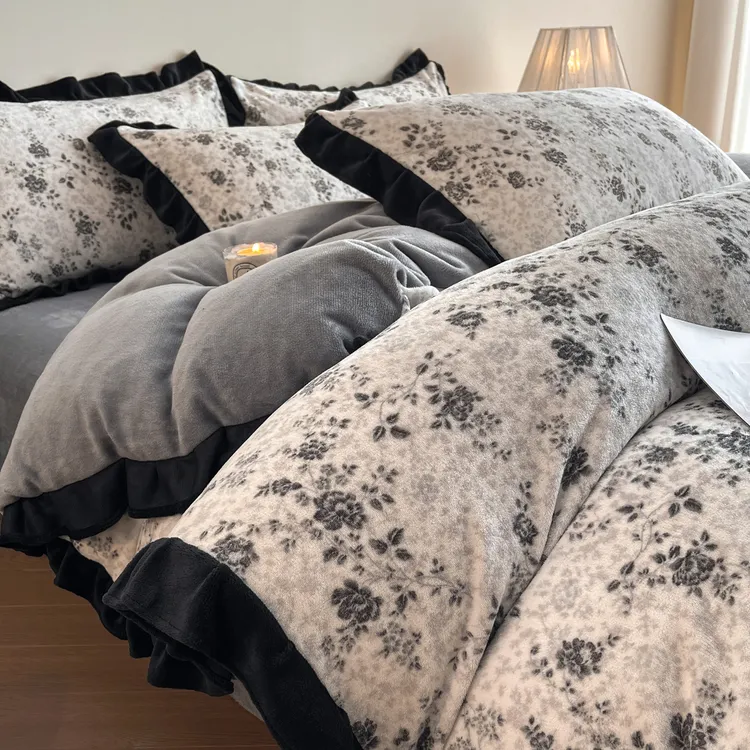 法式轻奢风牛奶绒床上四件套珊瑚法兰绒床单被套冬季款床品三件套