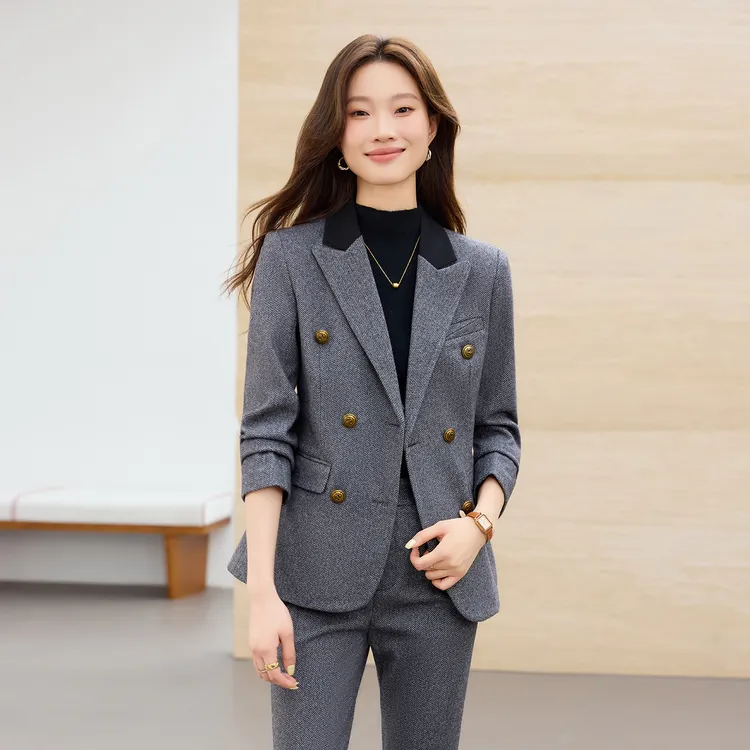 秋冬双排扣商务西装修身毛呢女士休闲修身职业西装套装外套厚款