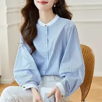 设计感小众长袖条纹衬衫女圆领宽松休闲气质衬衣时尚上衣【3655】