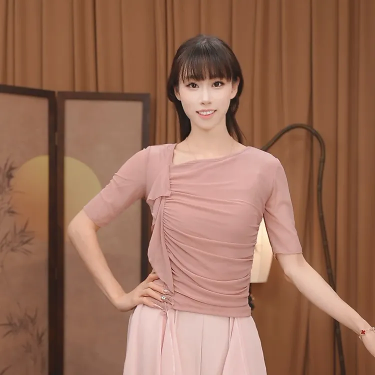 MuMu中袖褶皱水纱气质优雅短袖舞蹈服显瘦可外穿形体服上衣中国舞