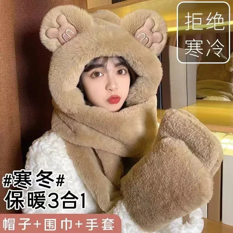 冬季米奇毛绒帽女加绒加厚骑车防风护耳帽子围巾一体帽子三件套