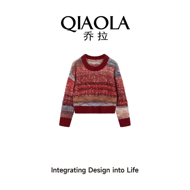 QIAOLA/乔拉【星光酒庄】秋冬季仿水貂渐变纱圆领洋气休闲毛衣预售