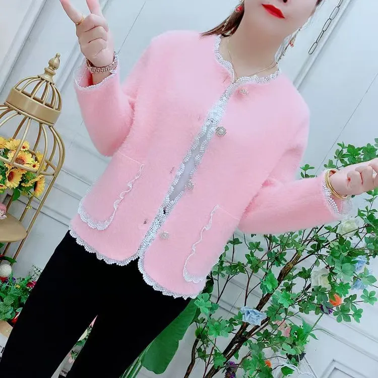 小香风蕾丝拼接仿水貂绒外套女2025秋冬季新款名媛气质高级感上衣