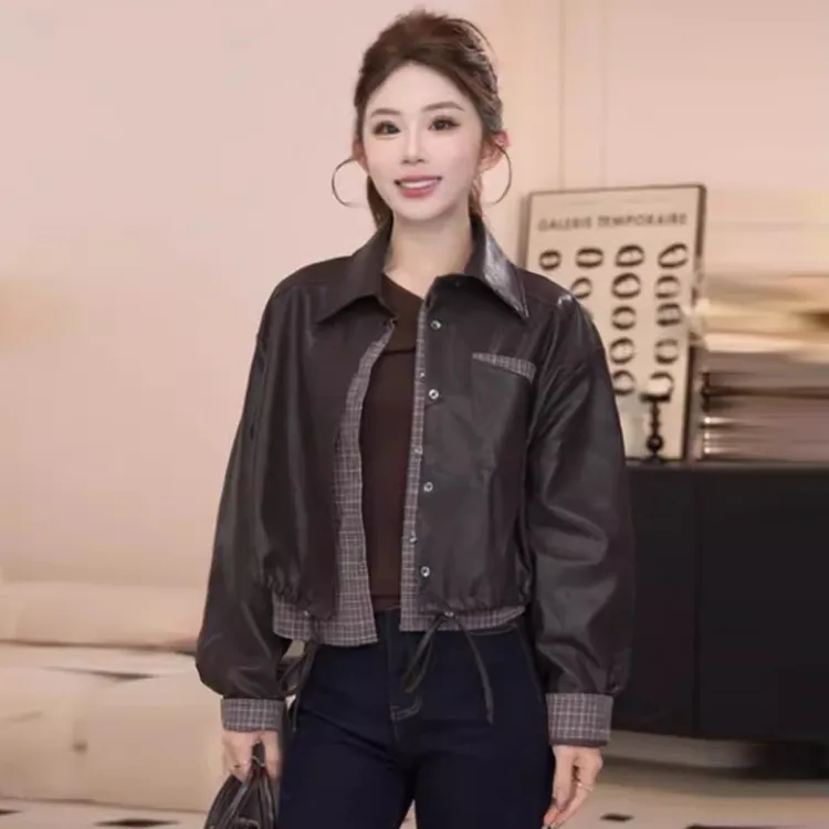 美式复古拼接假两件皮衣外套女2025年春秋新款韩版休闲百搭上衣潮