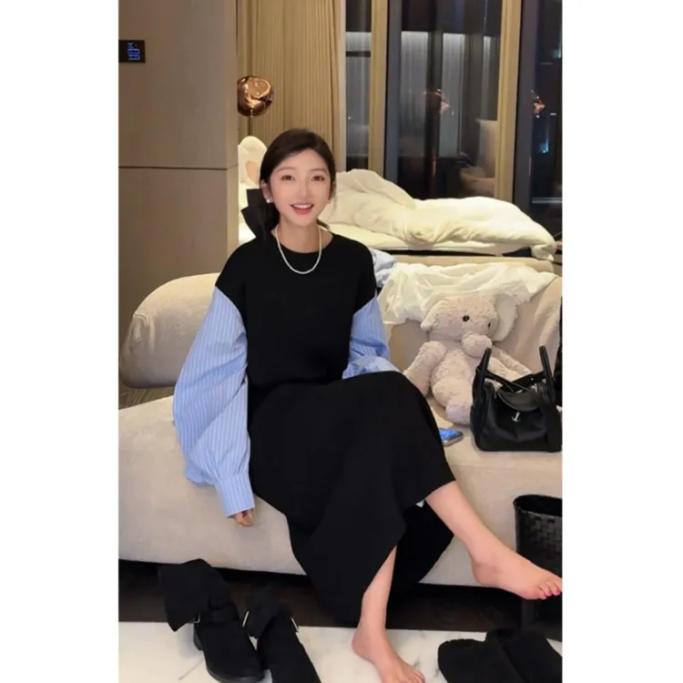（送腰带）假两件衬衫拼接毛衣连衣裙2025秋季新款休闲气质显瘦长裙