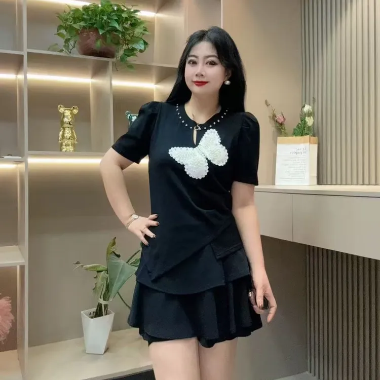 夏季半袖-檬 9286时尚潮流珠珠亮闪蝴蝶设计款胖MM大码女装新款