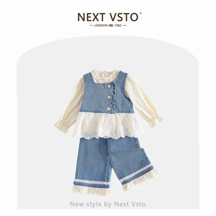 英国NEXT VSTO女童春秋套装洋气女宝宝衬衫牛仔背心阔腿裤三件套