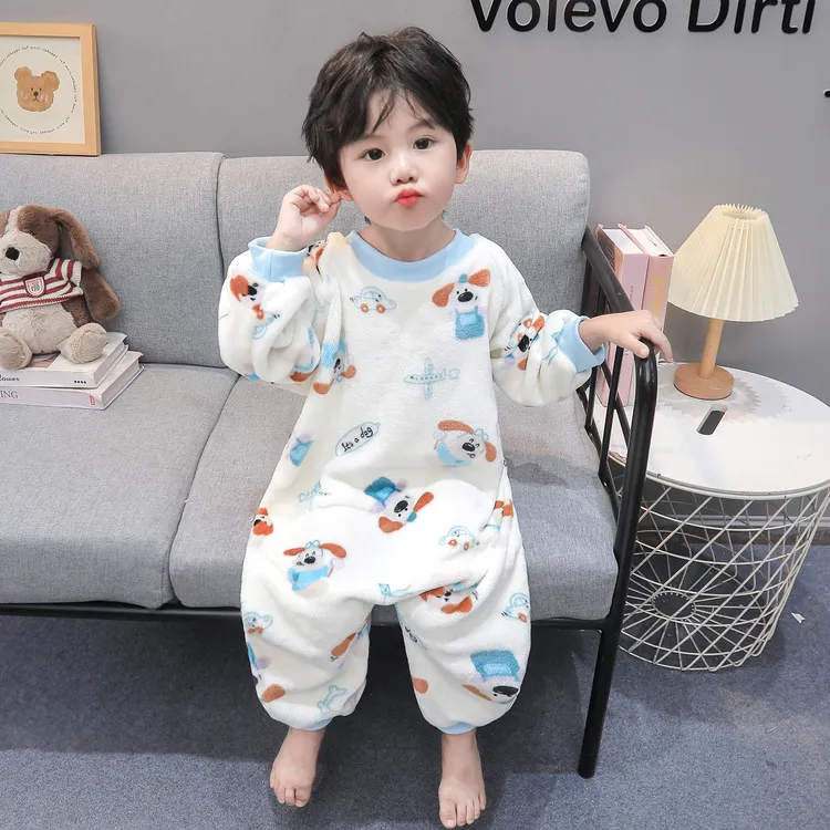 儿童连体睡衣法兰绒秋冬季男童加厚睡袋珊瑚绒保暖冬款宝宝防踢被