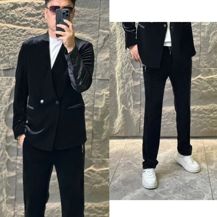 【公元·名品】轻奢欧货男士秋季 极简风无领醋酸丝绒休闲西服套装