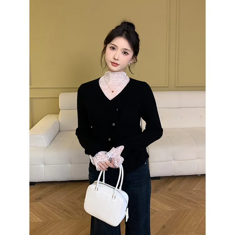 SHAOER【花间酒】V领蕾丝安迪绒高级感修身毛针织衫S725Z19295