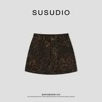 SUSUDIO 100棉 时髦复古豹纹高腰挺阔A字牛仔短裙 40646