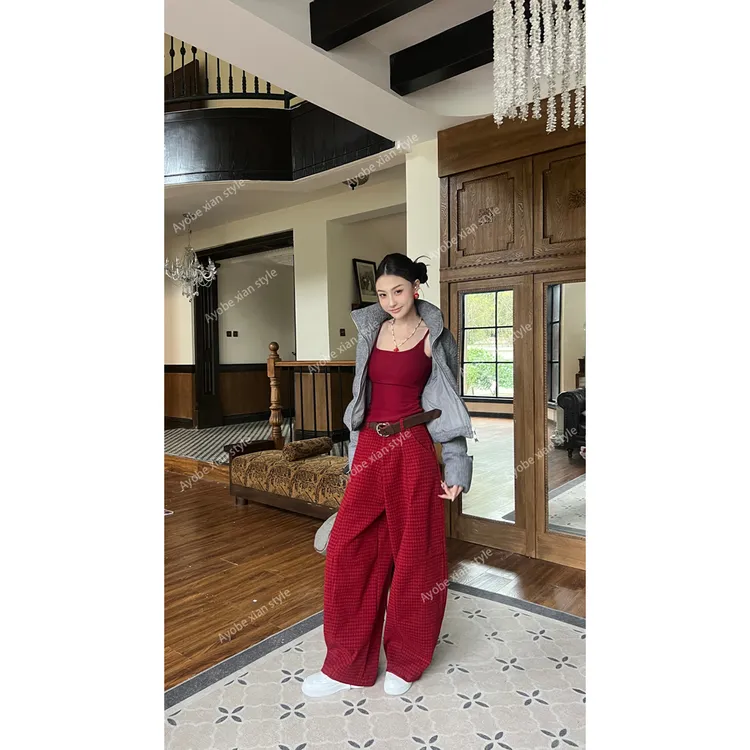 【AYOBE】小贤  小众设计复古显瘦格纹小弯刀阔腿裤(配腰带)