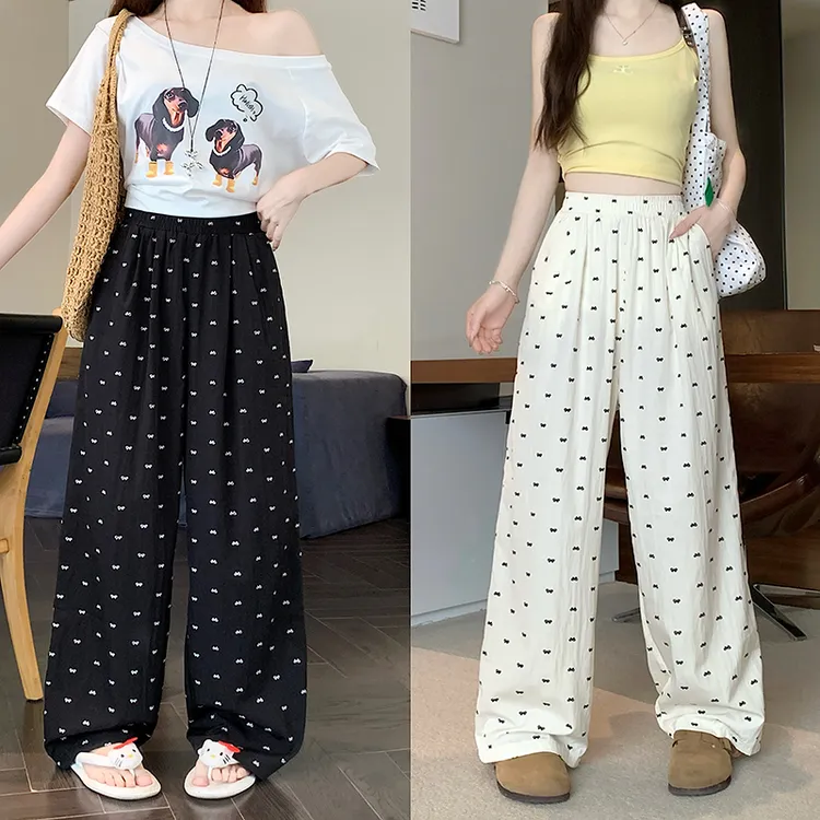 大码胖mm夏季高腰蝴蝶结印花遮肚子韩版长裤凉感裤奶杏色女 5876