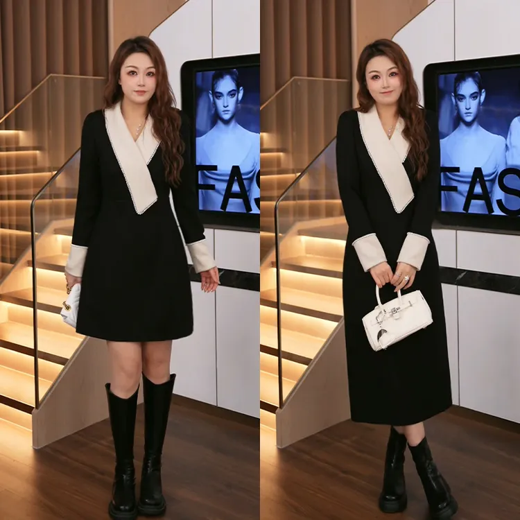 花菜微胖定制~【爱神贝拉】秋冬新款气质法式浪漫V领显瘦小黑裙