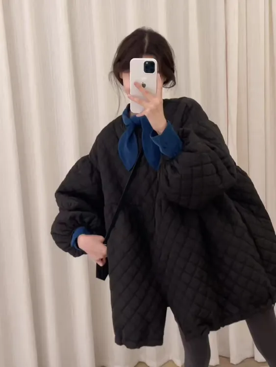 2025秋冬新款韩系高级感蝴蝶结衬衫搭配宽松菱格棉服外套女两件套