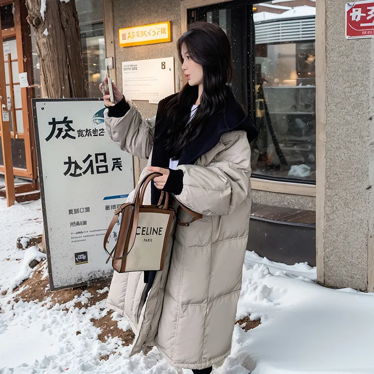 实拍高级感超好看假两件羽绒服女冬中长款90白撞色羽绒蓬羽绒外套