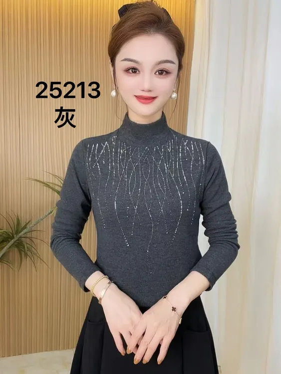 加绒加厚T恤女冬季新款半高领烫钻今年流行上衣洋气内搭打底衫