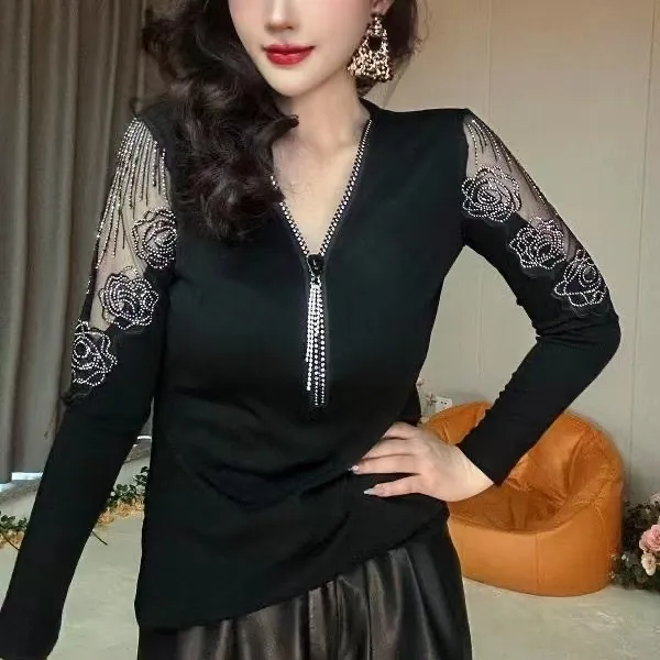 【V领拉链款】玫瑰性感镂空爆款洋气时尚长袖打底衫