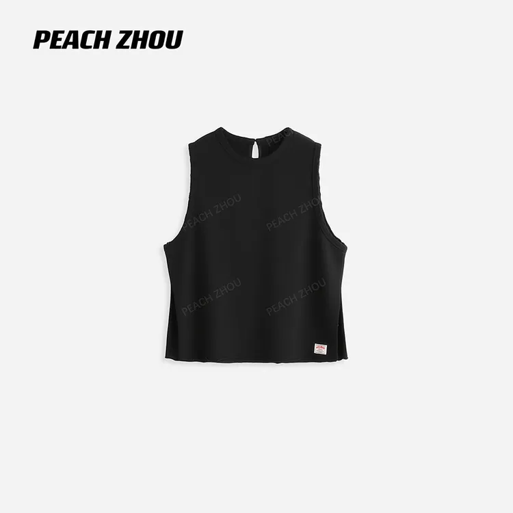 『PEACHZHOU』磨破卷边标签宽松圆领后系扣马甲休闲叠穿毛圈背心女