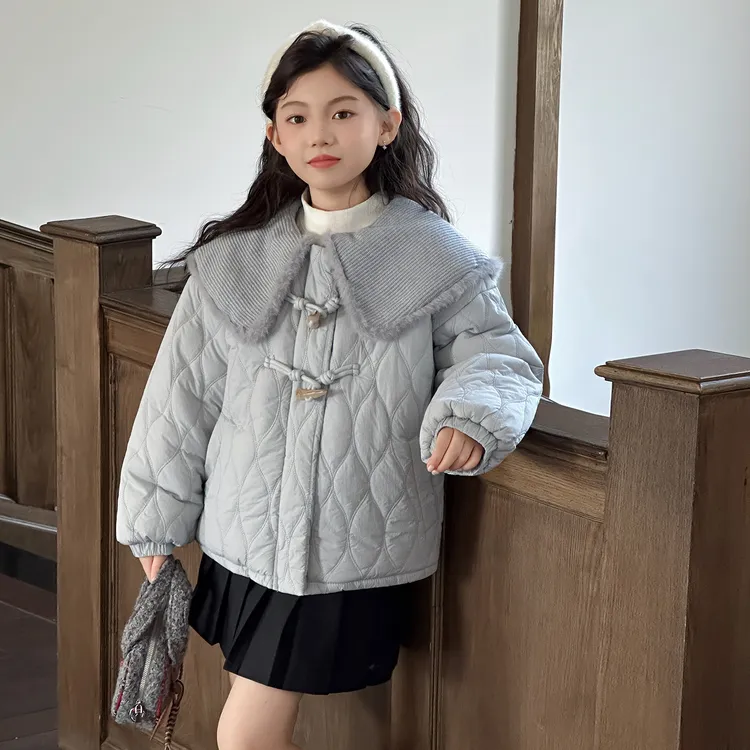 女童夹棉加厚外套秋冬2025新款女孩毛领纯色上衣儿童洋气保暖冬装