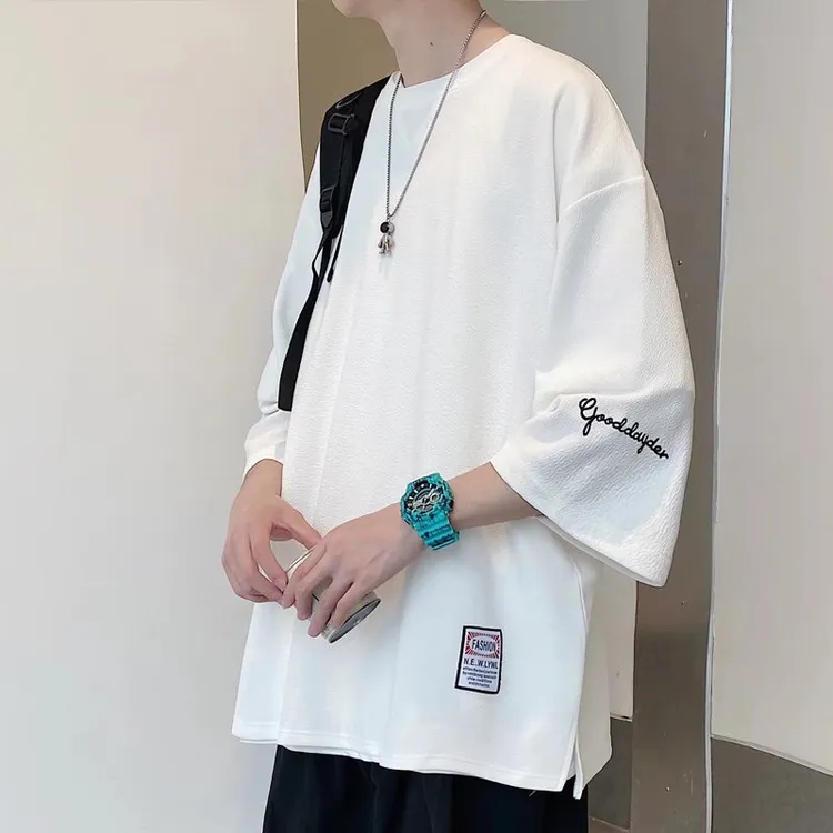 夏季潮牌港风宽松七分袖t恤男短袖韩版潮流学生休闲百搭半袖上衣