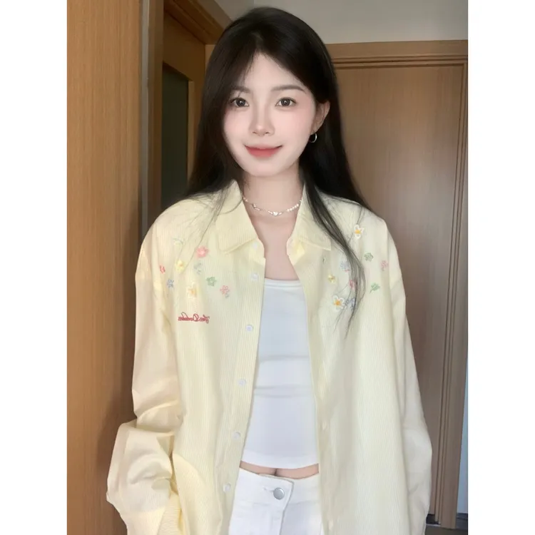 国潮牌立体花朵刺绣黄色条纹衬衫外套女秋季薄款开衫百搭上衣显瘦