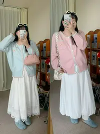 8011大码女装甜美减龄小香风撞色刺绣针织外套女显瘦宽松毛衣开衫