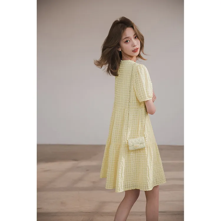 【切片专用】【向日葵连衣裙】新品圆领抽褶泡泡袖毛织肌理连衣裙裙子