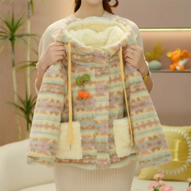 女童加绒外套冬款2025新款两面穿儿童加厚毛毛衣女孩夹棉连帽上衣