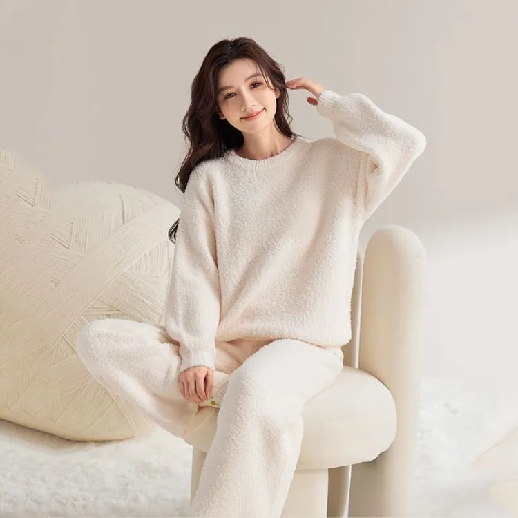 半边绒睡衣女冬季新款加绒保暖简约纯色家居服套装大码舒适慵懒风