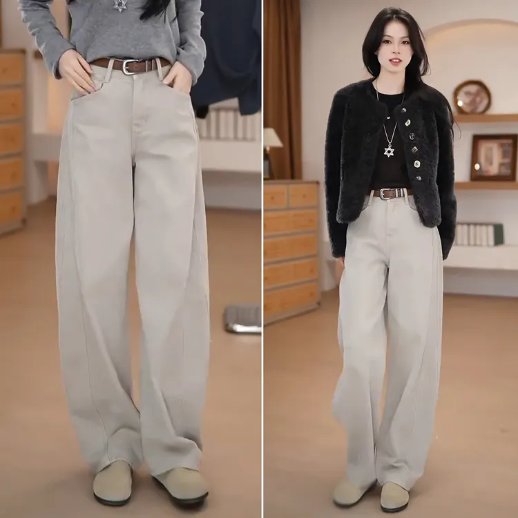 拉夏贝尔加绒牛仔裤女2025新款秋冬高腰弯刀裤显瘦宽松阔腿休闲裤