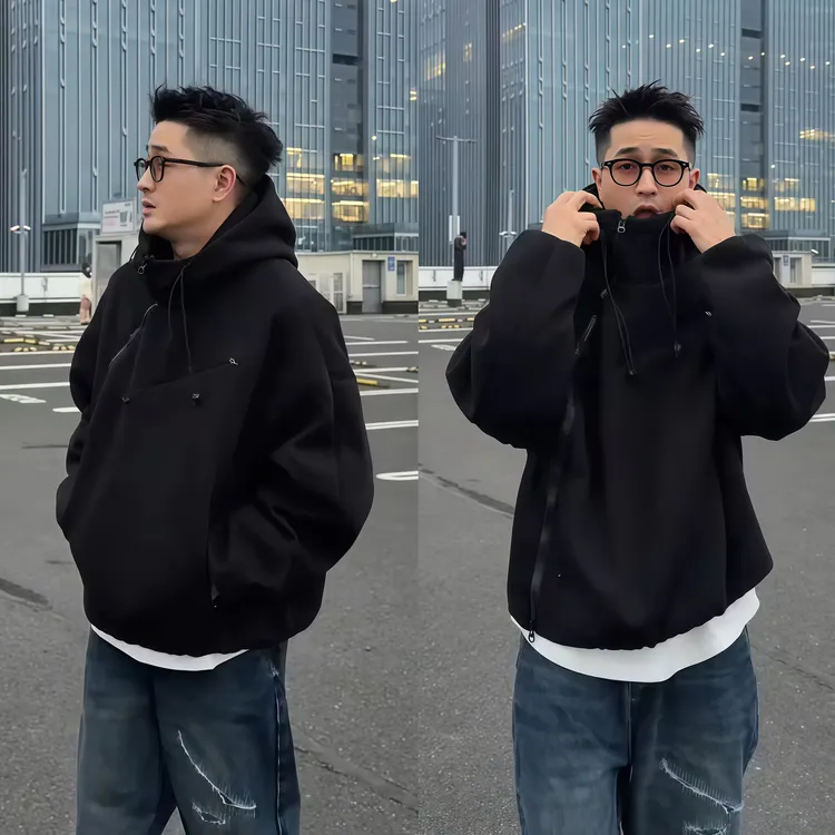 秋季新款潮牌时尚斜拉链设计重磅连帽卫衣外套男宽松百搭休闲上衣