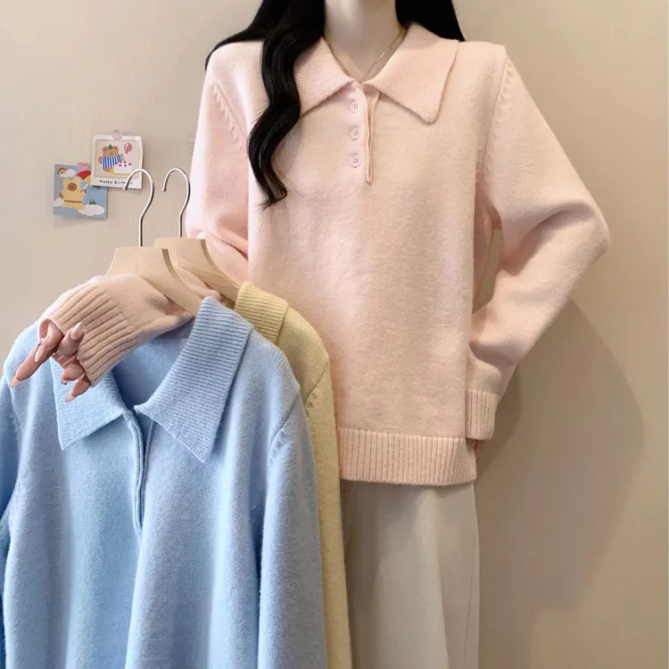 针织毛衣翻领三粒扣韩系百搭氛围感显瘦大码女毛衣3859