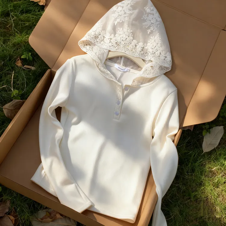 【加绒加厚】刺绣蕾丝打底衫女内搭秋冬季韩版休闲洋气百搭上衣帽衫