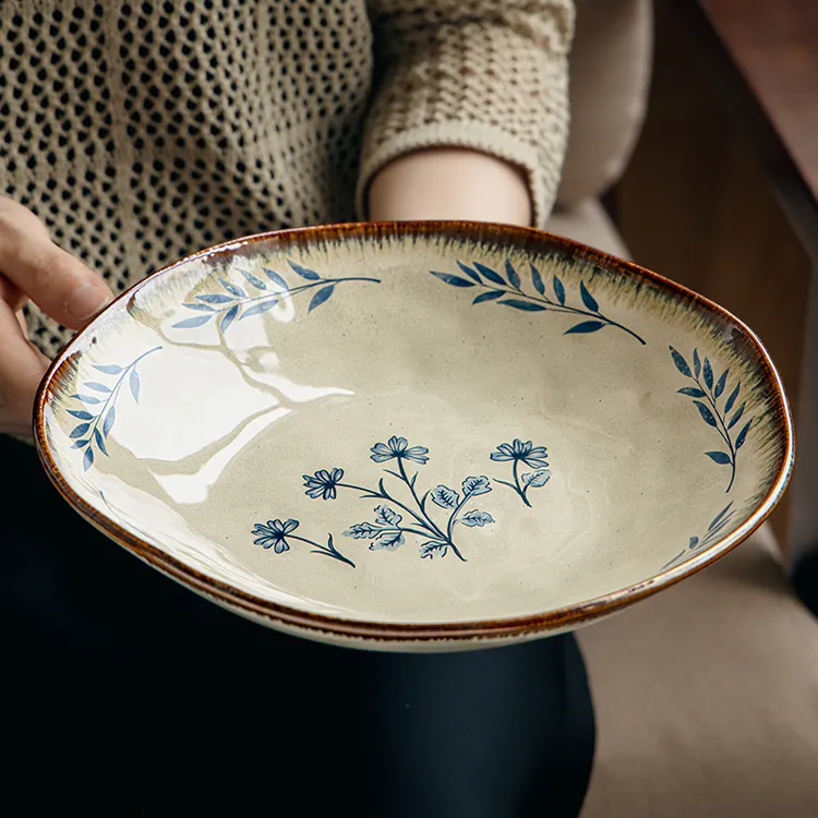 小悠家〖好看的盘子〗9英寸荷叶盘高级感沙拉盘菜盘异形陶瓷深盘