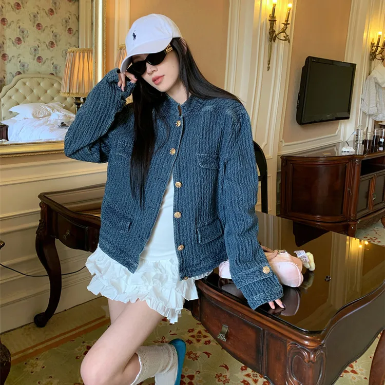 老钱调肌理感牛仔小香风外套2025女秋季新款蓝色立领短款夹克上衣