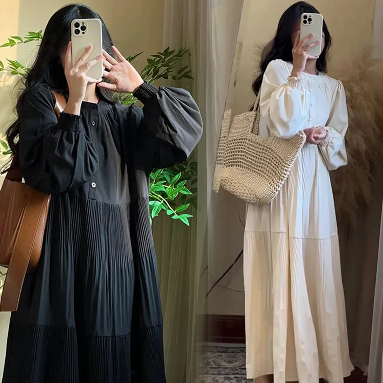 优雅孕妇装韩版显瘦秋冬孕妇松压褶圆领简约慵懒文艺风温柔百搭裙