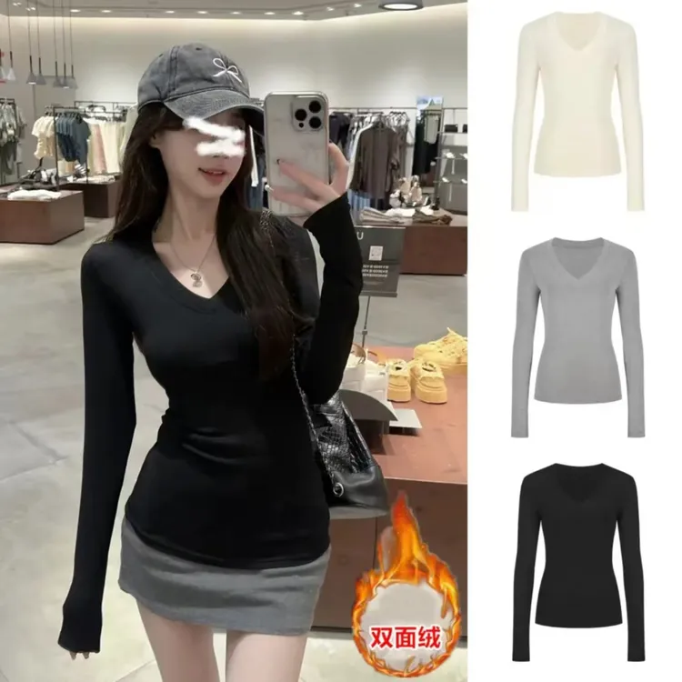 双面绒保暖长袖V领正肩t恤女秋冬修身显瘦辣妹内搭打底衫上衣黑色