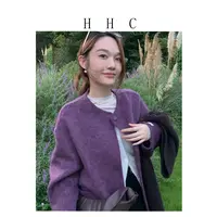 【花花菜】 ’雪花苏荔“秋冬法式重工紫色长款绵羊毛大衣