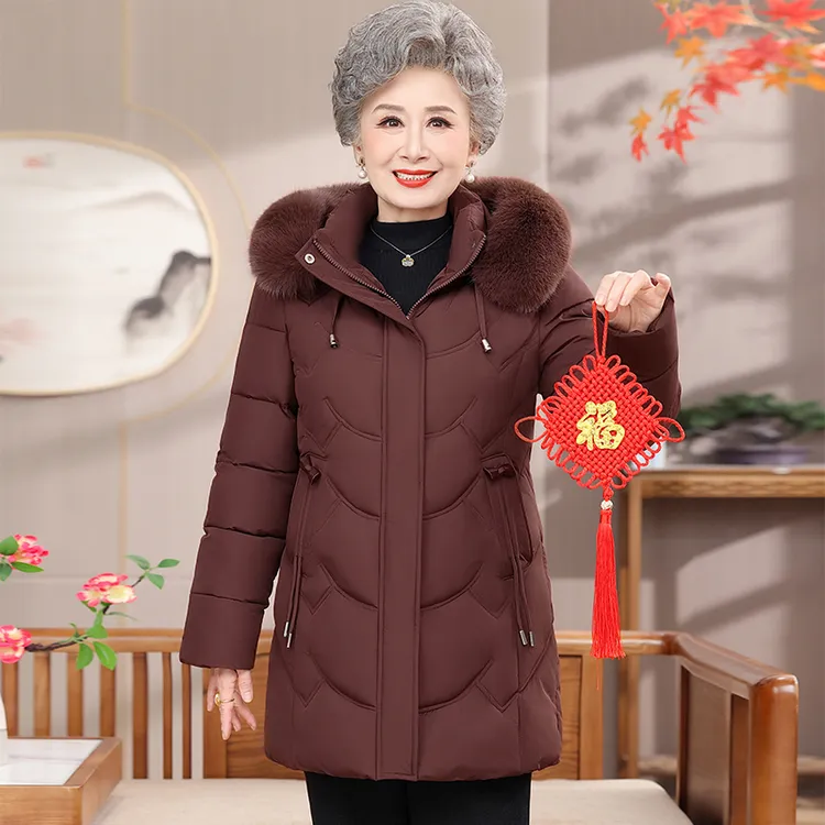 中老年冬装棉衣洋气棉袄老太太中长款毛领新款棉服妈妈加厚外套