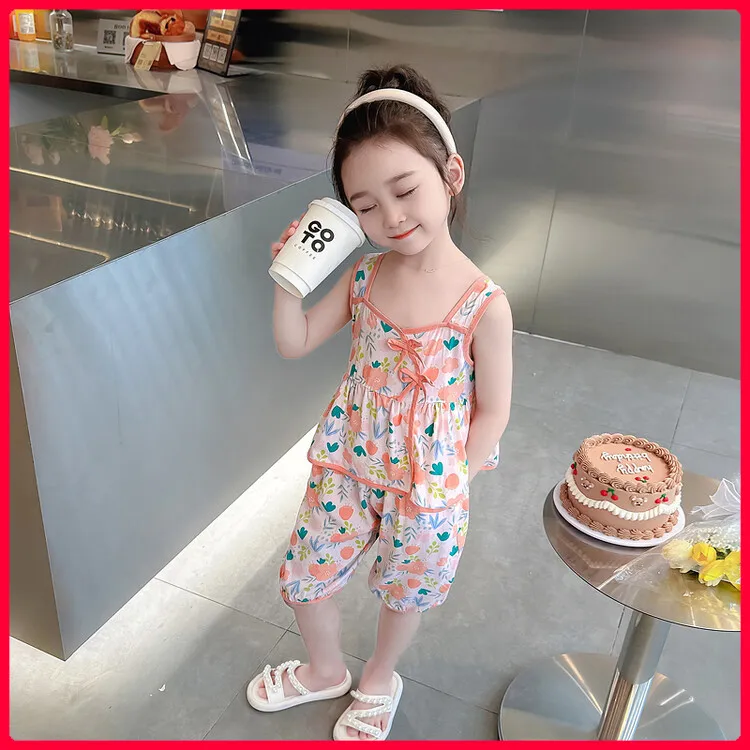 女童吊带套装洋气夏季儿童碎花背心宝宝夏装休闲棉绸薄款两件套潮
