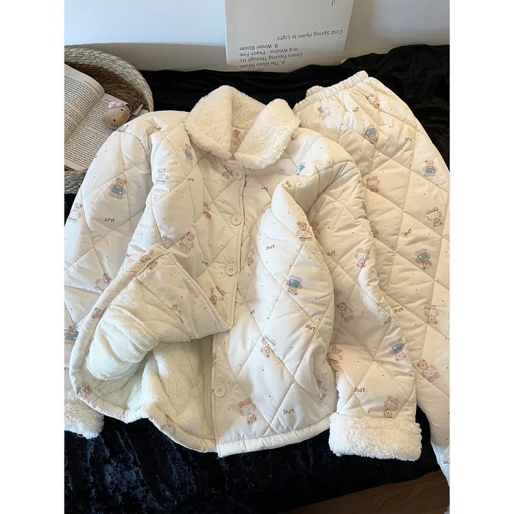 可爱卡通小能夹棉睡衣女秋冬季加绒加厚保暖大码家居服套装可外穿
