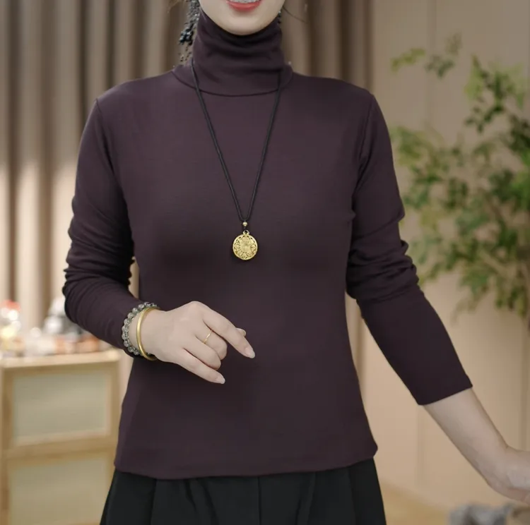 纯色常规袖堆堆领修身型长袖T恤洋气高领打底衫