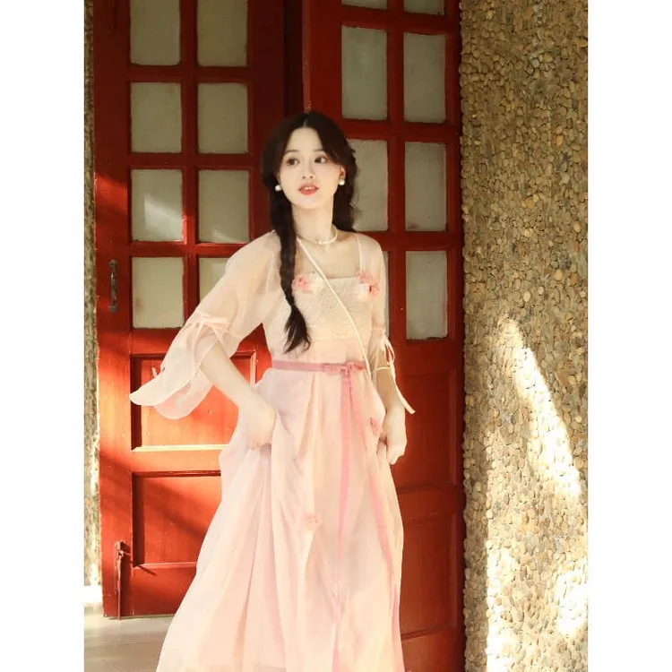 瑶西【花满夕】出游气质穿搭汉服新中式夏季粉色连衣裙