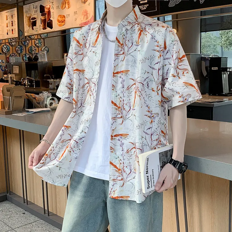 夏季新款休闲男士短袖衬衫透气时尚潮牌印花宽松度假风休闲衬衣男