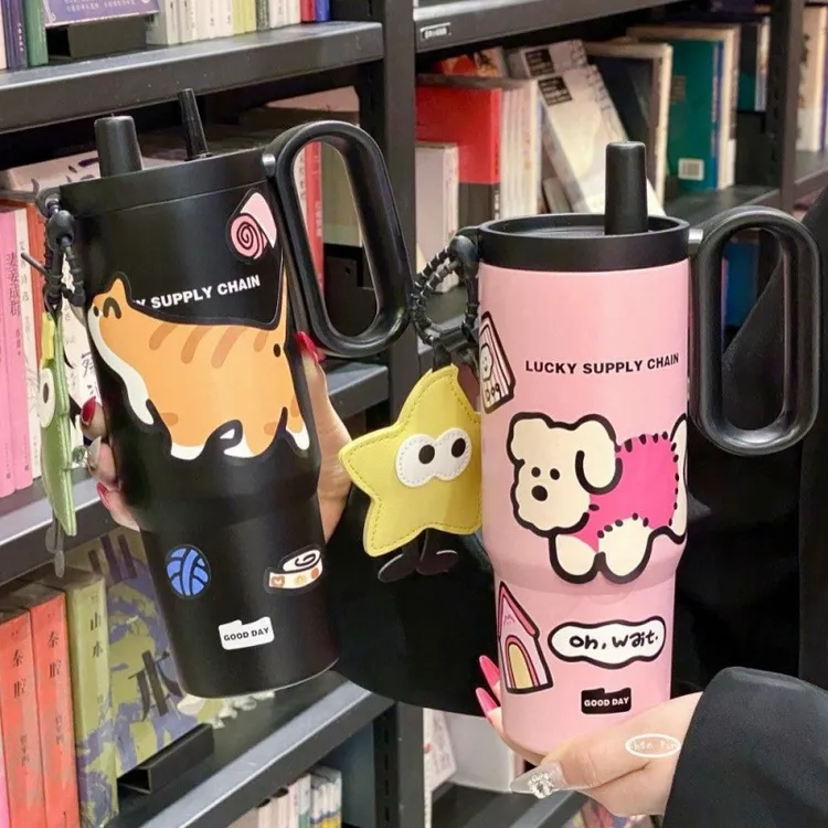 可爱保温杯女生大容量吸管杯宿舍办公室杯子带把手巨无霸冰霸杯